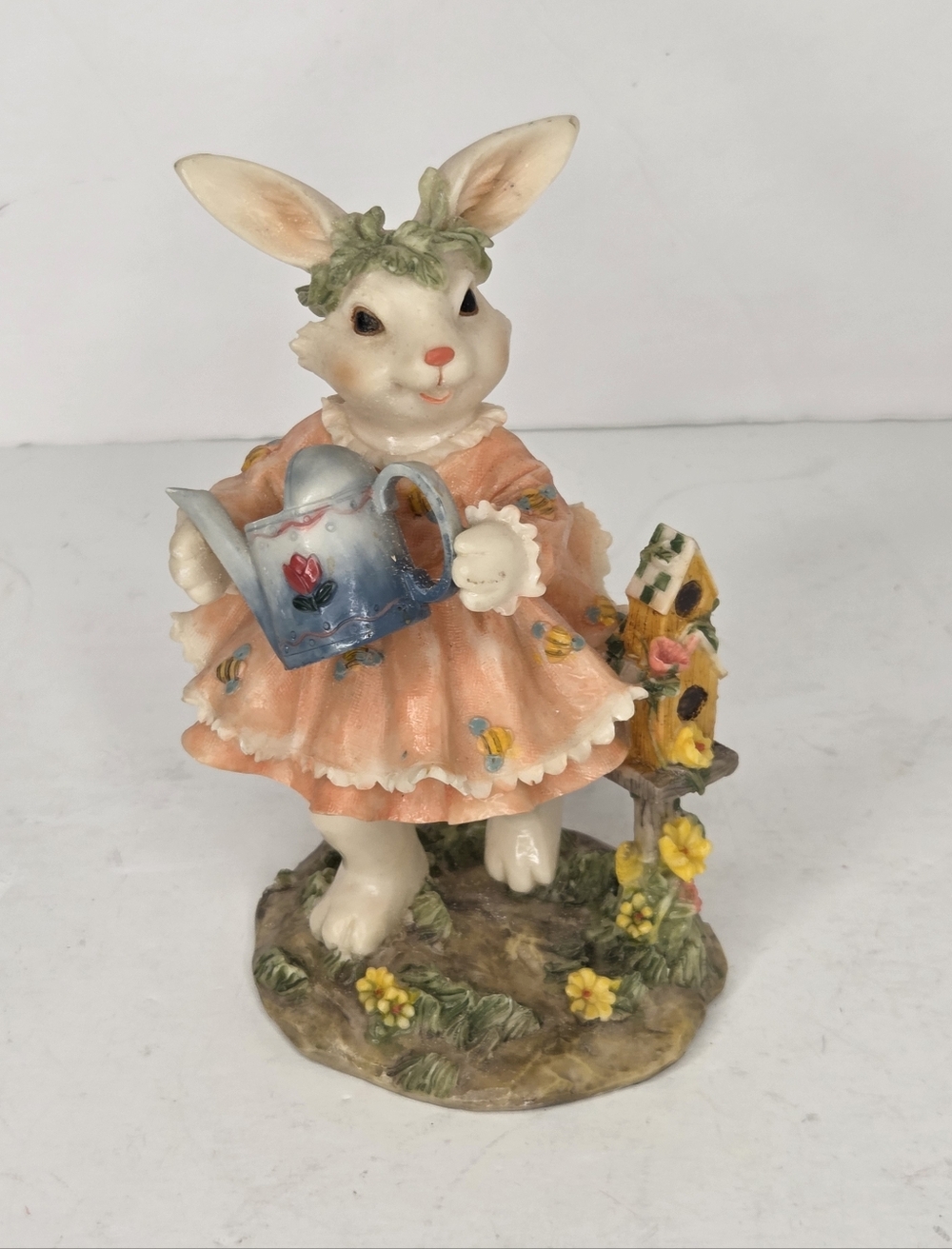 Spring Pink Resin Bunny Figurine Floral Dress Watering Can Sunflowers